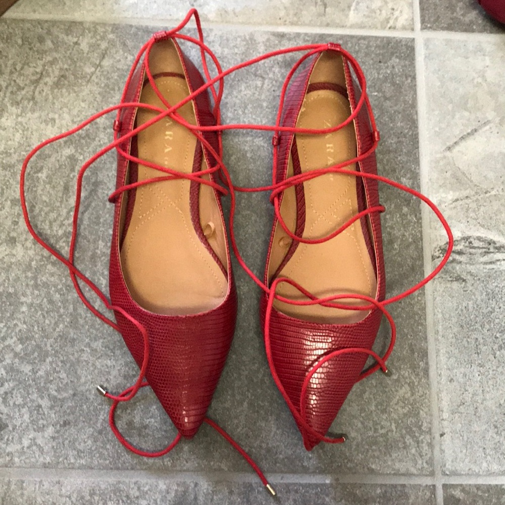 Red snakeskin Zara lace up flat